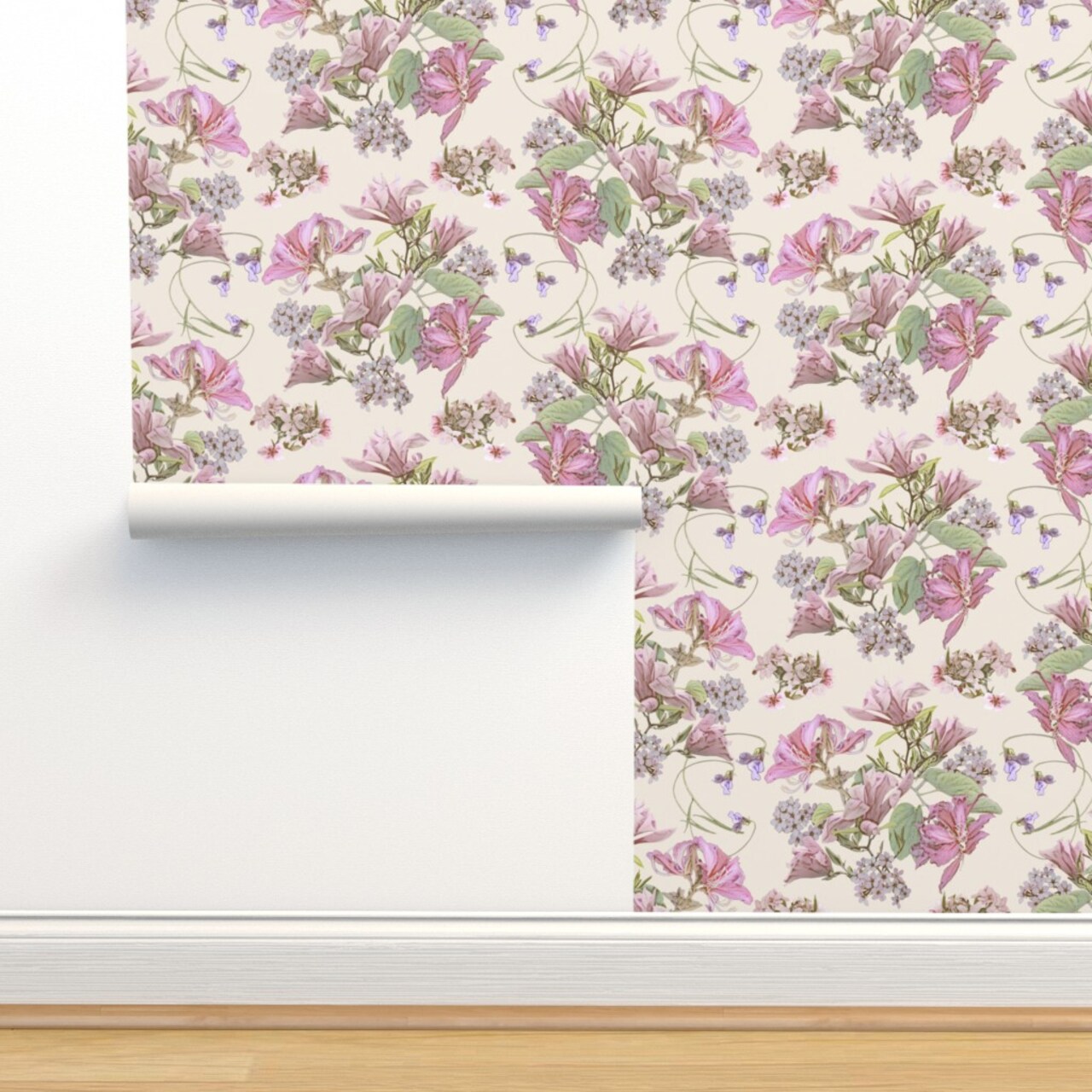 Pink Cream Victorian Spring Romantic Ivory Magenta Cherry Blossoms Orchid Blush Floral Antique Tulip Tree Custom Removable Wallpaper by Spoonflower Peel & Stick Wallpaper 2FT Wide